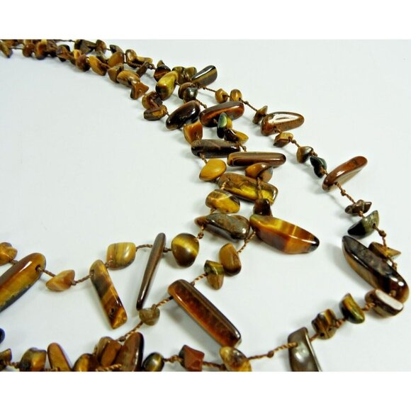 Multi-Strand Tigereye Necklace Triple-Strand Tigerseye Brown Stone 20" - Picture 6 of 6